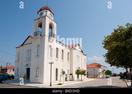 Greek white church in Nea Koroni at the Peloponnesos Stock Photo
