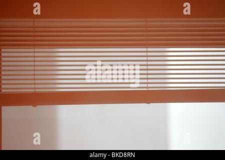Window blinds reflected on a wall. Stock Photo