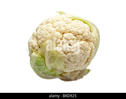 Cauliflower with most leaves removed on white Stock Photo