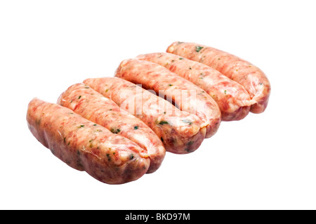 Pork and herb sausages on white Stock Photo