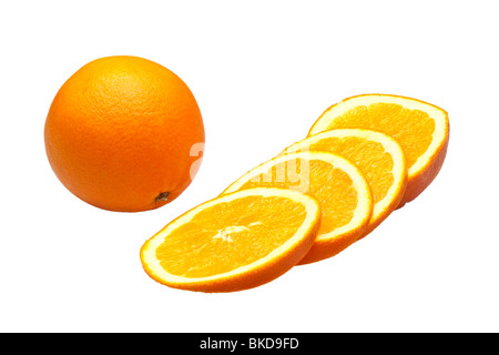 Oranges whole and sliced on white Stock Photo