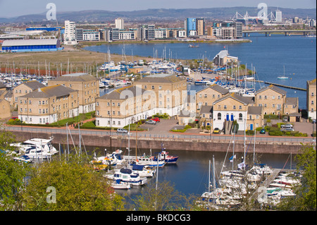 View over marina and waterfront housing development in Penarth Vale of Glamorgan South Wales UK Stock Photo
