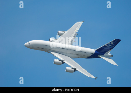 Airliner Airbus A380 flying during 48th Paris International Air show - Le Bourget airport Stock Photo