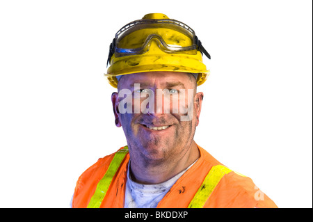 Close up of a construction utility worker wearing protective workwear to emphasize safety. Stock Photo