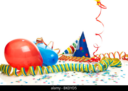 party decoration - balloons, party hats, streamers, confetti Stock Photo