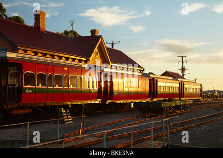 Late Light on West Coast Wilderness Railway Train at Railway Station, Regatta Point, Strahan, Western Tasmania, Australia Stock Photo