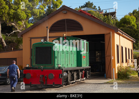 West Coast Wilderness Railway Train at Engine Shed, Regatta Point, Strahan, Western Tasmania, Australia Stock Photo