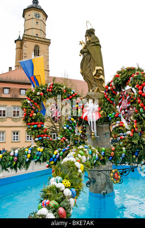 The Market Square fountain decorated for Easter, Volkach, near Würzburg ...