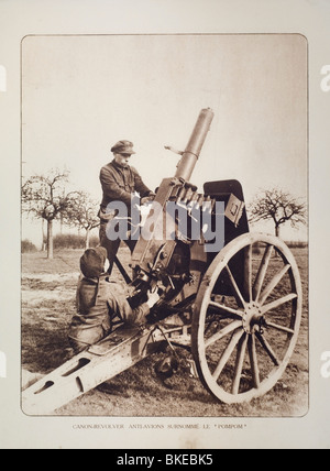 WW1 artillery soldiers shooting at airplanes with anti-aircraft gun in West Flanders during First World War One, Belgium Stock Photo