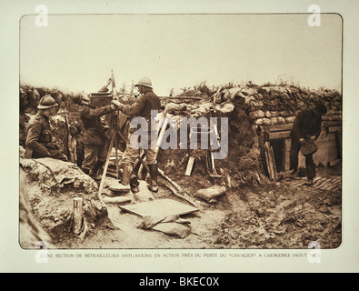 Belgian WWI soldiers in trench armed with anti-aircraft guns at Kaaskerke, West Flanders during the First World War One, Belgium Stock Photo