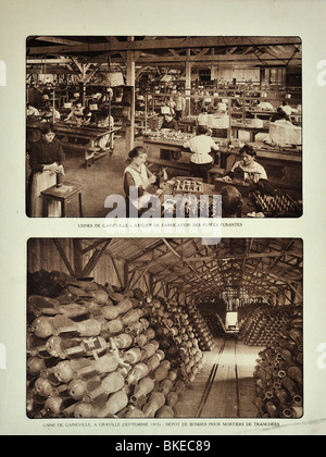 Bomb depot and female workers filling grenades in the Gaineville ammunition factory at Graville during the First World War One Stock Photo