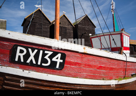 Fishing Boat and Traditional Net Huts Hastings East Sussex Stock Photo