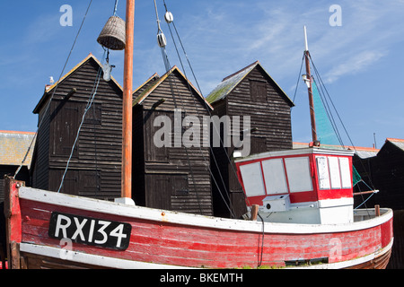 Fishing Boat and Traditional Net Huts Hastings Old Town Stock Photo