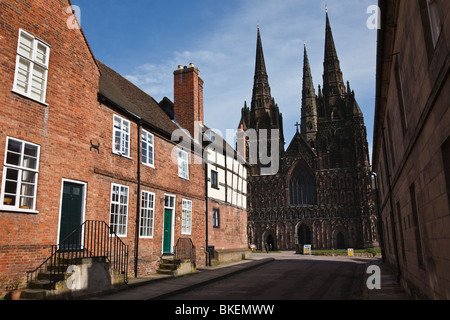Lichfield Cathedral and the cathedral close, Lichfield, Staffordshire. Stock Photo