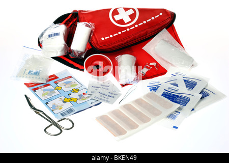 First aid box, for traveling. Medical help for outdoors. Stock Photo