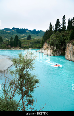 Speed Boat on Waiau River near Hanmer Springs, South Island, New Zealand. Stock Photo