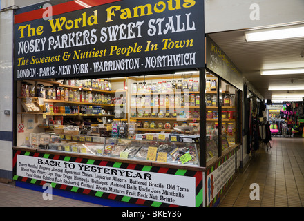 Warrington, Cheshire, England, UK, Europe. Nosey Parkers sweets and confectionery stall in indoor market hall Stock Photo