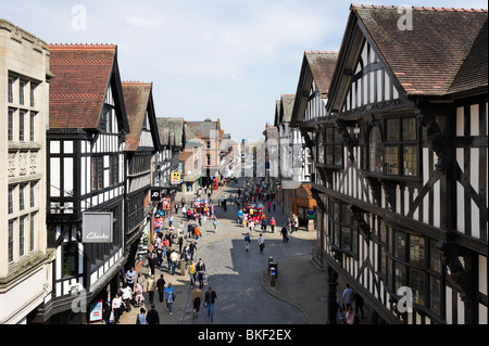 View down Foregate Street from Eastgate in the historic centre of Chester, Cheshire, England, UK, Stock Photo