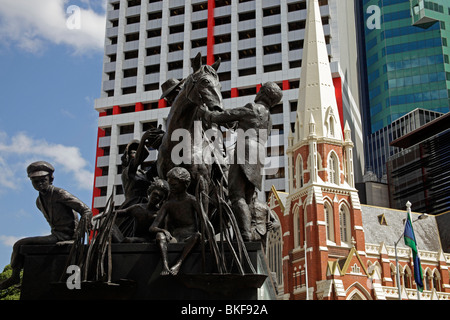 Monument The Petrie Tableau on King George Square and Albert Street Uniting Church in Brisbane, Queensland, Australia Stock Photo