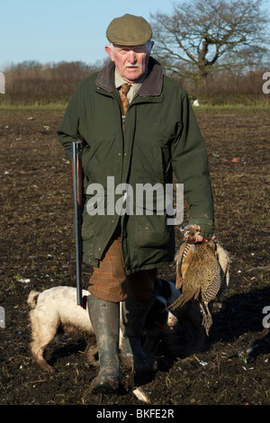 A man game shooting carrying his gun, pheasants and partridges walking across the fields