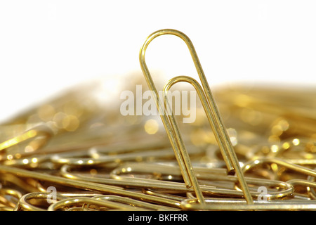 golden paperclip standing on background of paperclips Stock Photo