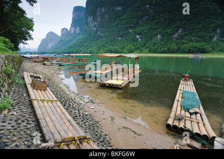 China Guilin  Li River  Xing'an Сounty   Xingan Guangxi, Bamboo Raft Stock Photo