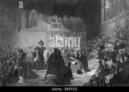 Vintage print circa 1850 depicting the trial of King Charles I of England in Westminster Hall in January 1649.