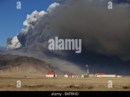 Farm with Volcanic Ash Cloud from Eyjafjallajokull Volcano Eruption, Iceland. Stock Photo