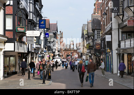 View towards the clock on Eastgate, one of The Rows in the historic centre of Chester, Cheshire, England, UK Stock Photo