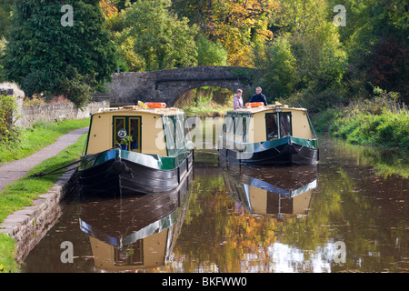Narrowboat cruising on the Monmouthshire and Brecon Canal, Llangattock, Brecon Beacons National Park, Powys, Wales, UK. Stock Photo