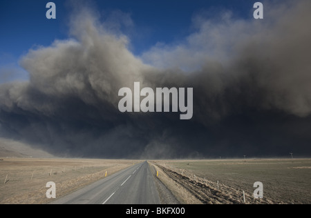 Highway One or Ring Road with Volcanic Ash Cloud from Eyjafjallajokull Volcano Eruption, Iceland. Stock Photo