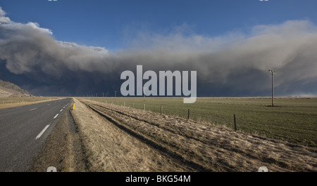 Highway One or Ring Road with Volcanic Ash Cloud from Eyjafjallajokull Volcano Eruption, Iceland. Stock Photo