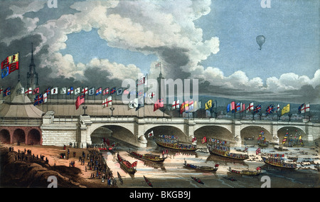 Contemporary colour engraving print depicting the opening of the new London Bridge across the River Thames on August 1 1831.