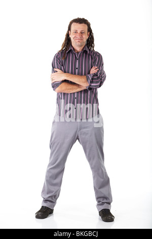 Adult caucasian man with dreadlocks and casual wear on a white background in various poses and facial expressions. Not Isolated Stock Photo