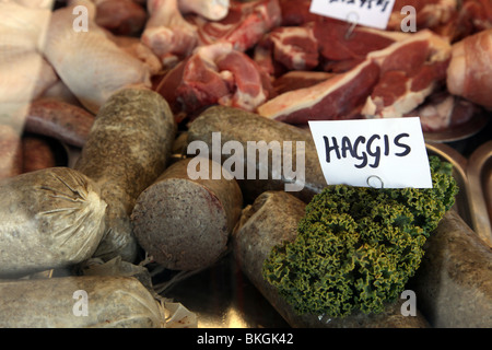 Haggis sold at a farmers' market in London froma butcher's van,