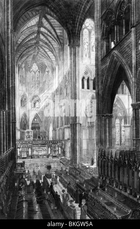 Vintage black and white etching print circa 1893 entitled 'The Choir at Westminster Abbey'. Stock Photo