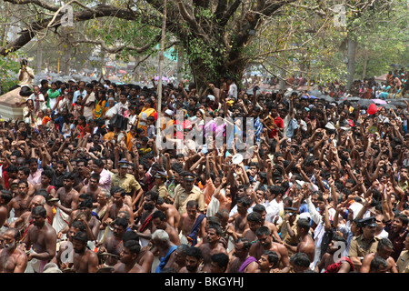 people dancing with the drum playing or chenda melam in connection with thrissur pooram festival Stock Photo