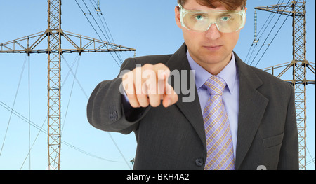 Safety engineer in electrical networks strictly pointed his finger Stock Photo