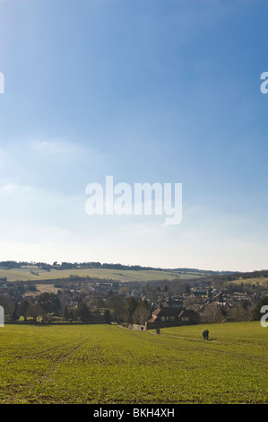 Vertical wide angle view across the Chiltern Hills of Old Amersham in Buckinghamshire on a sunny spring day. Stock Photo