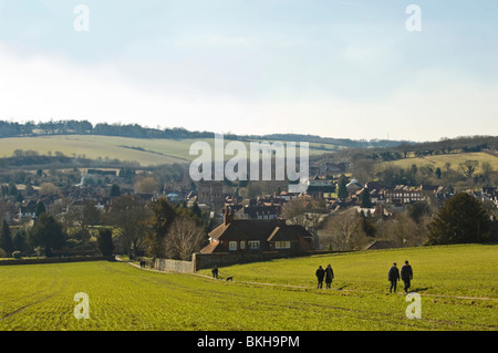 Horizontal wide angle view across the Chiltern Hills of Old Amersham with people walking up the hill on a sunny day Stock Photo