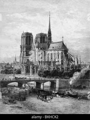 Vintage etching print circa 1870s / 1880s of Notre Dame Cathedral in Paris, France, as it appeared in the late 19th century. Stock Photo