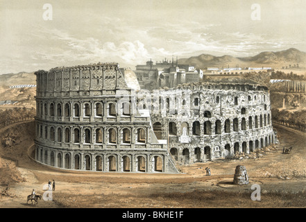 Vintage lithograph print circa 1872 of the Colosseum in Rome, Italy, as it appeared in the latter part of the 19th century. Stock Photo