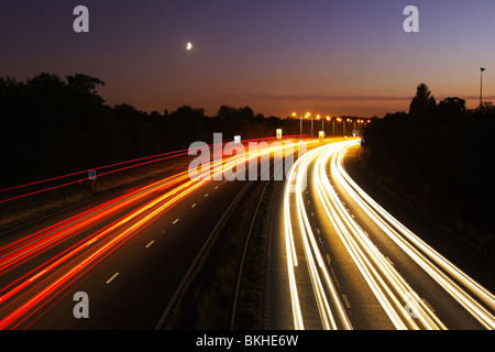 Light trails on the M11 motorway southbound between J5 and J4 Essex Stock Photo