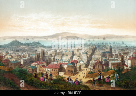 Vintage lithograph print circa 1860 of San Francisco in California, USA, as it appeared at the time. Stock Photo