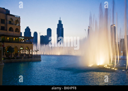 The spectacular Dubai Fountain display in front of the Souk al Bahar in downtown Dubai, UAE Stock Photo