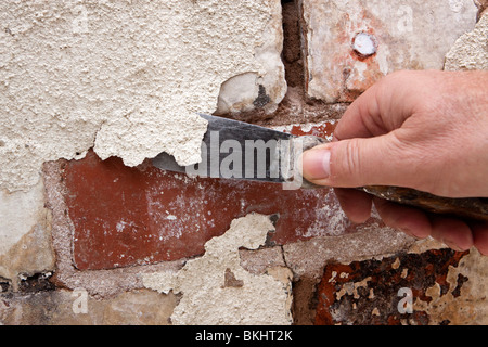 house maintenance man scraping off flaking paint on old brickwork in need of repointing and painting Stock Photo