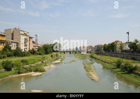 View of river Torrente Parma from Ponte Giuseppe Verdi Parma Italy looking north towards bridge on viale Piacenza Stock Photo