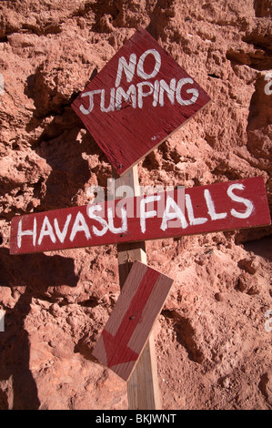No Jumping sign at Havasu Falls in Havasupai Stock Photo