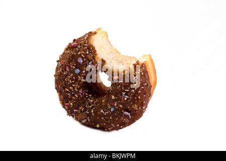 chocolate covered doughnut with a bite taken out over white Stock Photo