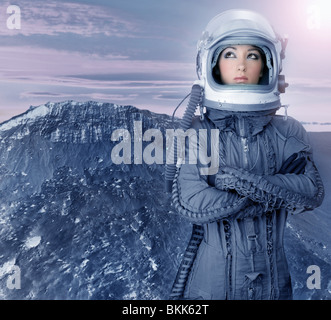 astronaut woman futuristic metaphor moon out space planets Stock Photo
